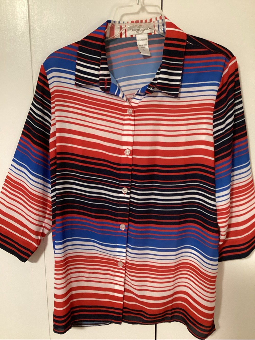 Women’s Striped Button-Down Shirt in Red, Blue & Black